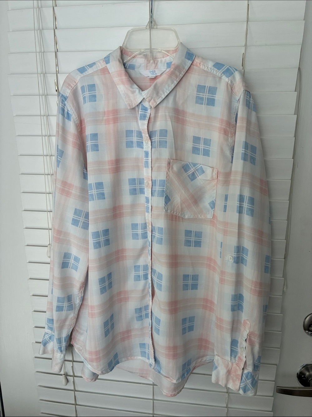 Time and Tru Shirt Top Button Down Pink Blue Plaid SZ L